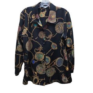 Vintage Agora Women's Chain Print Button-Up Shirt Top Long Sleeve Multicolor Med